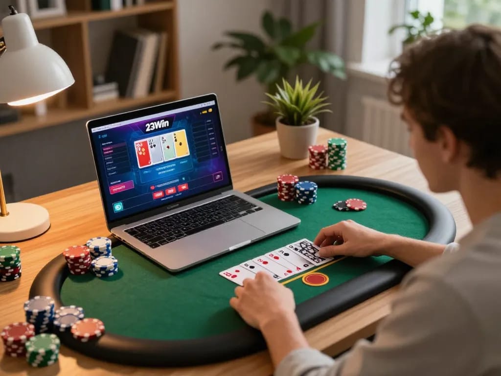 Engaged player enjoying a strategic moment in the 23Win online poker game