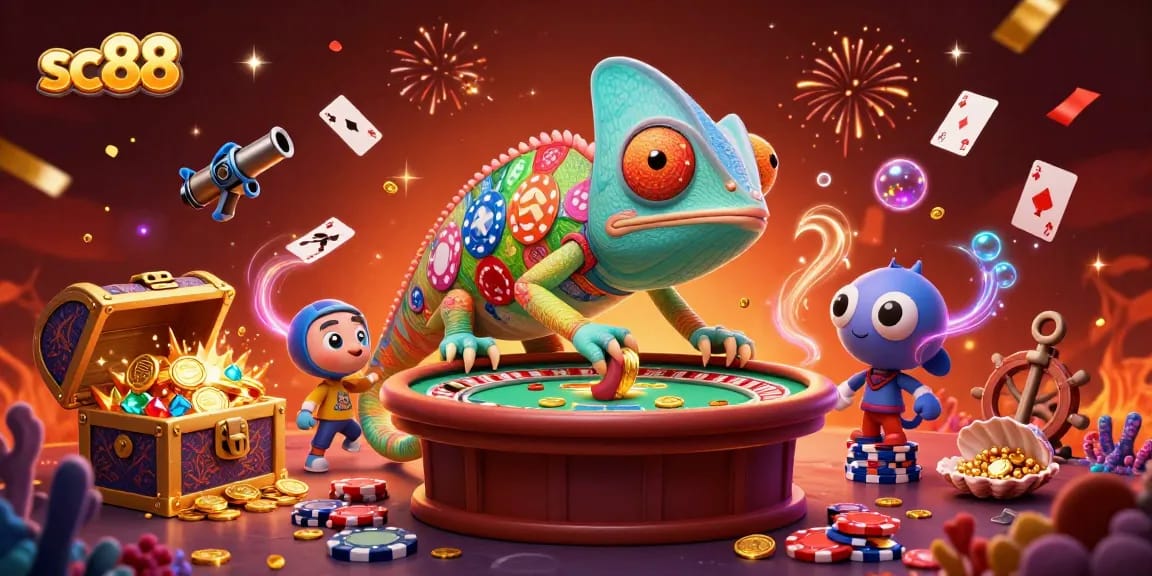sc88 chameleon casino owner catching golden coins in a vibrant, energetic gambling scene