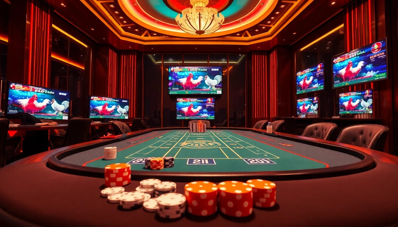 Experience thrilling live betting at Gà VB79 with engaging cocks fighting and vibrant casino elements.