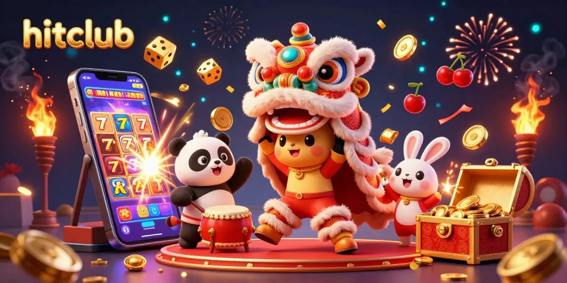 Experience the thrill of hitclub with this colorful casino scene showcasing lively lion dance characters and a dynamic jackpot explosion.