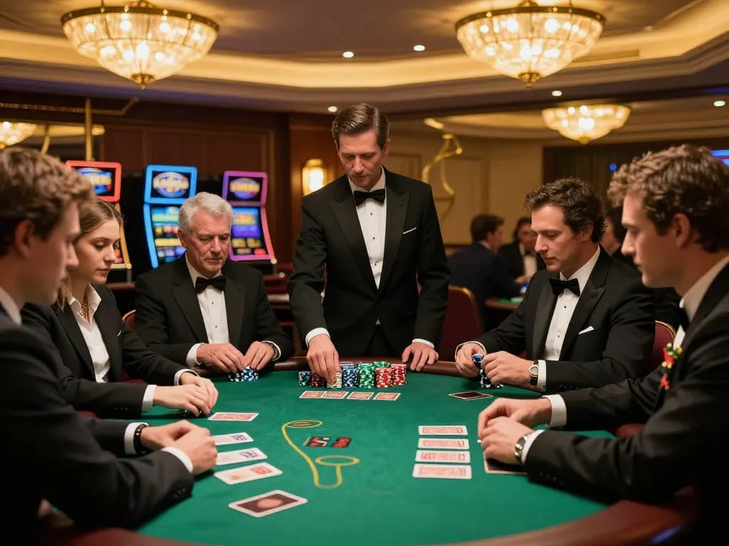 Players engaging in blackjack at cm88, showcasing strategic decision-making in an upscale casino environment.