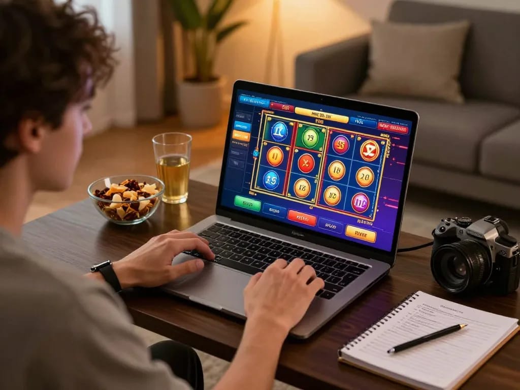 Player engaging in online gambling at home with tylekeo casino interface visible on screen