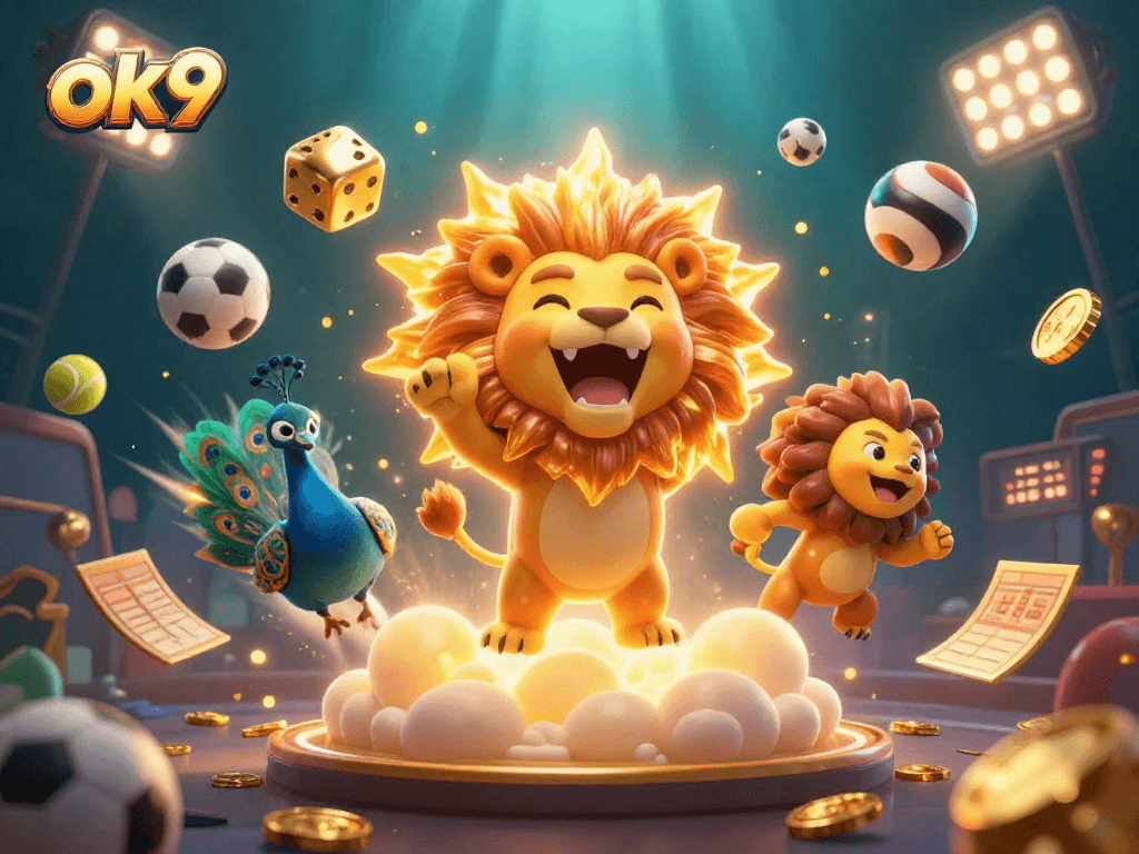 Experience thrilling action with ok9 in this vibrant 3D casino art featuring dynamic sports elements and a roaring lion.