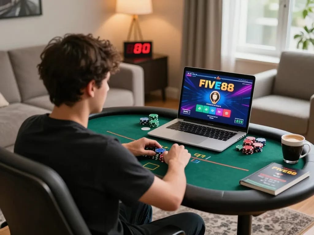 FIVE88 player focusing on online poker game setup in cozy home atmosphere