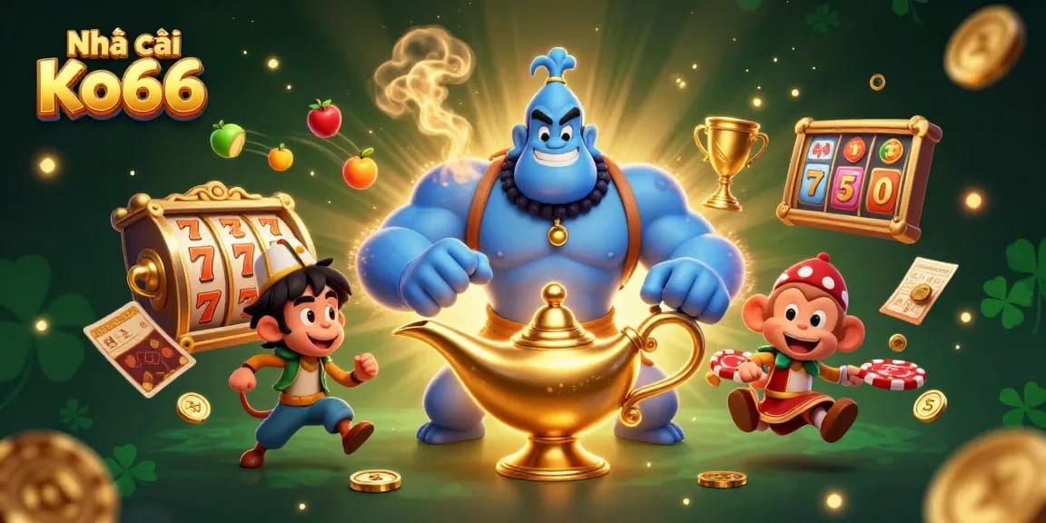 Engage with Nhà cái Ko66 as the genie emerges, surrounded by glorious slot elements and the thrill of gambling.