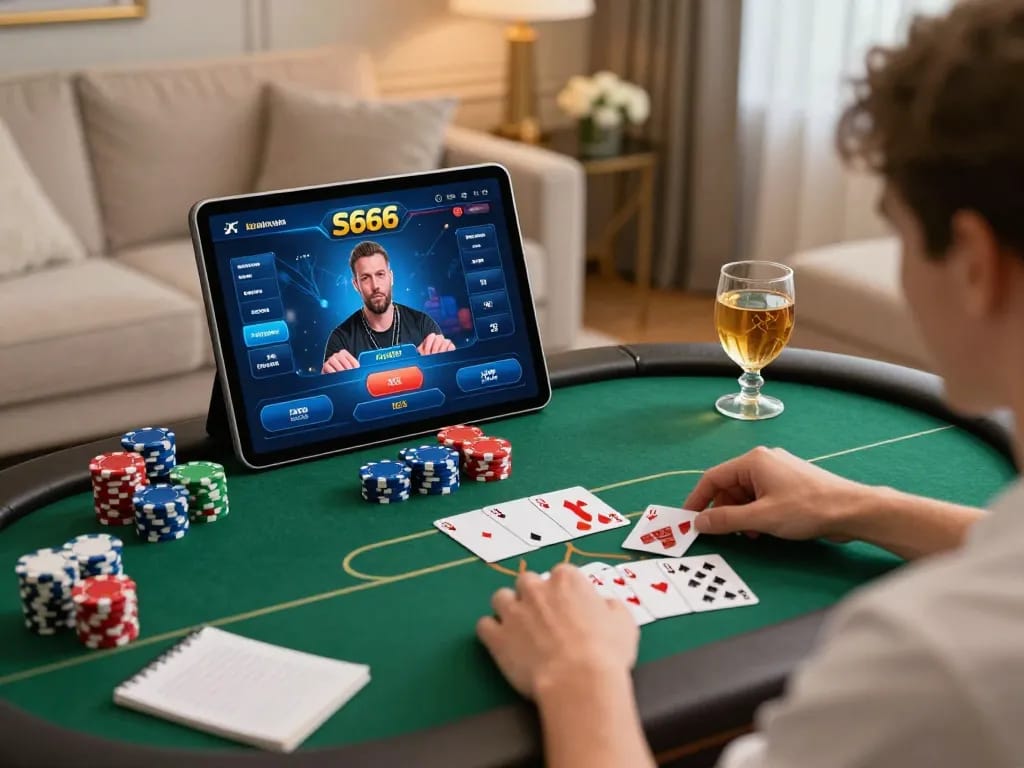 S666 poker gameplay at home with a player focused on tablet screen, chips and cards spread around.