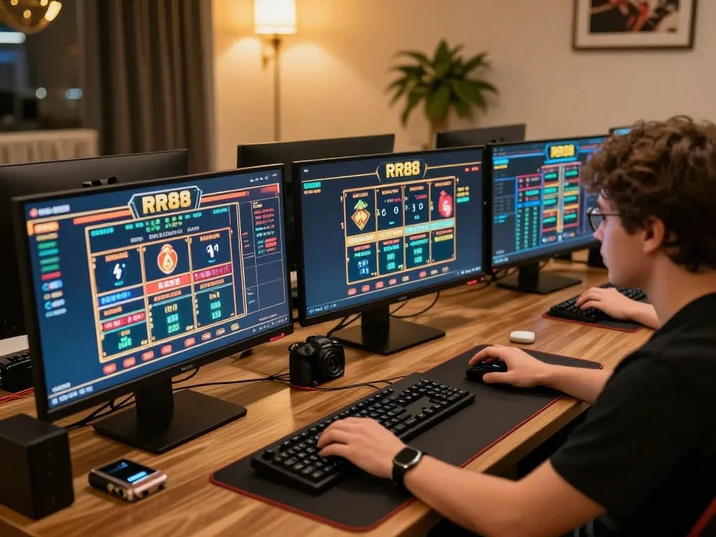 Engaged player at https://rr88.autos/ using multiple screens for strategic gaming, showcasing modern decor and tech.