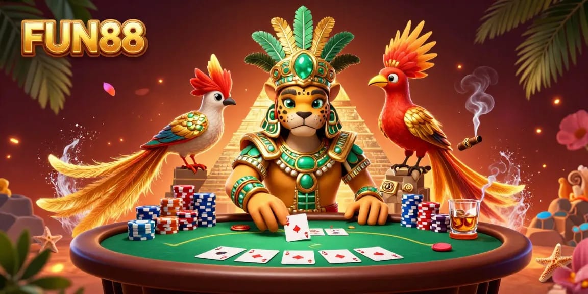 Unleash the excitement at FUN88 with a vibrant 3D illustration depicting thrilling casino action.