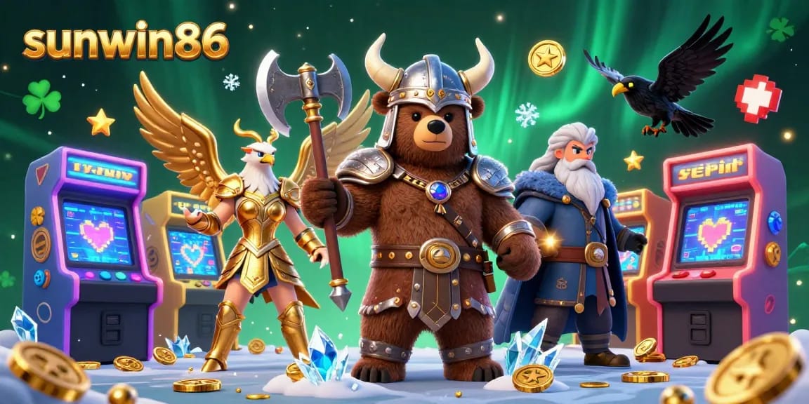 Engage in thrilling gameplay action with sunwin86, featuring fierce Viking bear and Valkyrie in a vibrant casino scene.