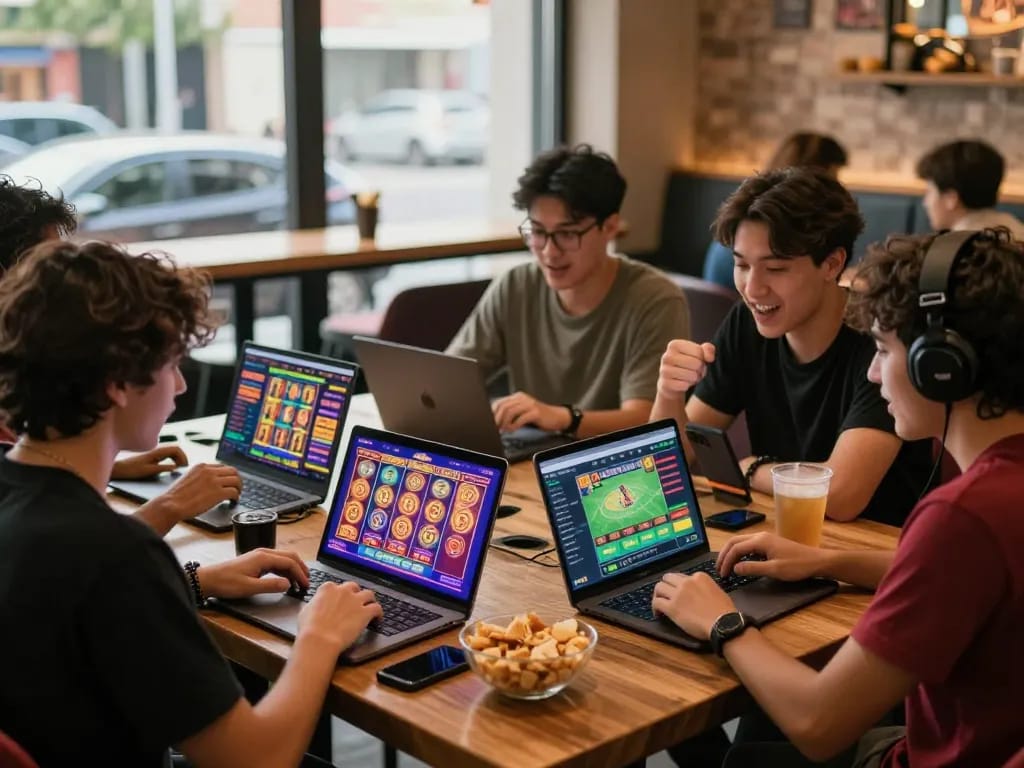 Group enjoying online games at a café, showcasing Nhà cái Kwin's exciting gaming atmosphere and camaraderie.