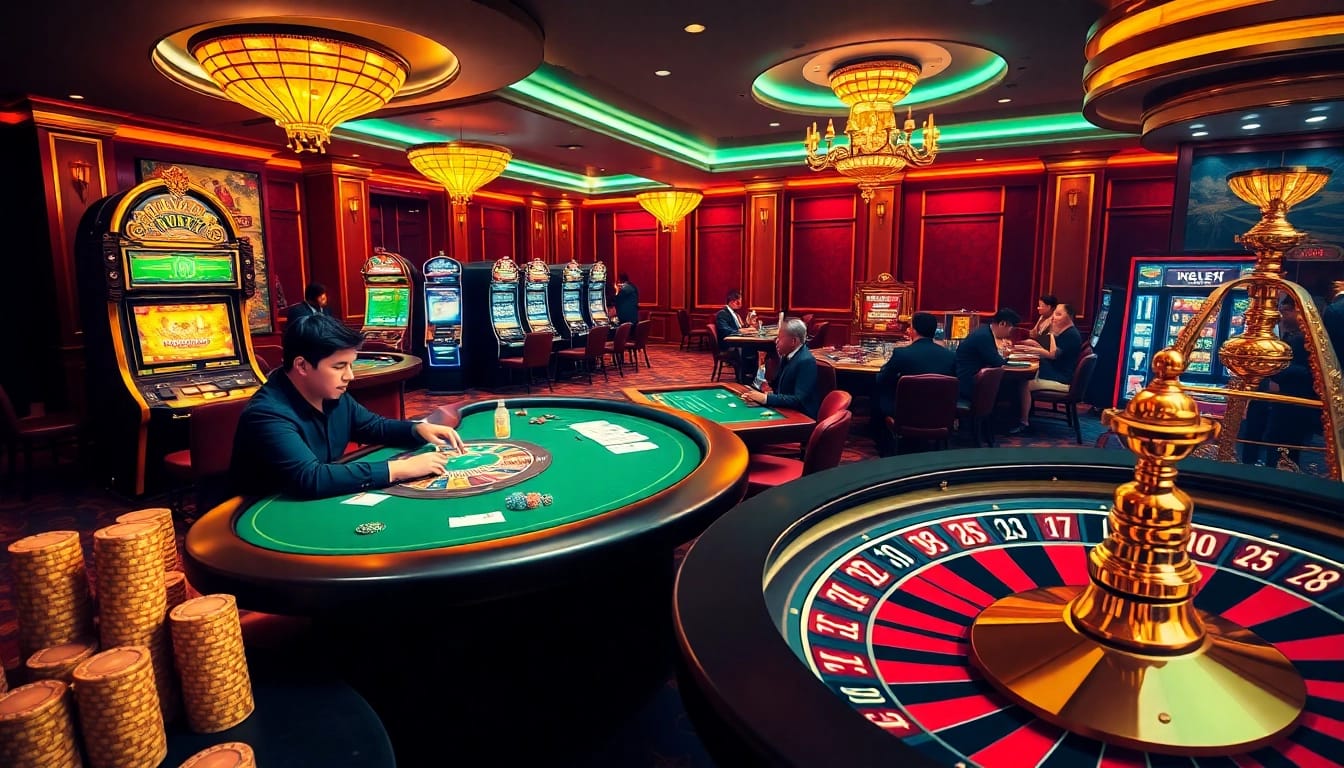 Exciting casino atmosphere highlighting Nhà cái uy tín with vibrant slot machines and professional poker gameplay.