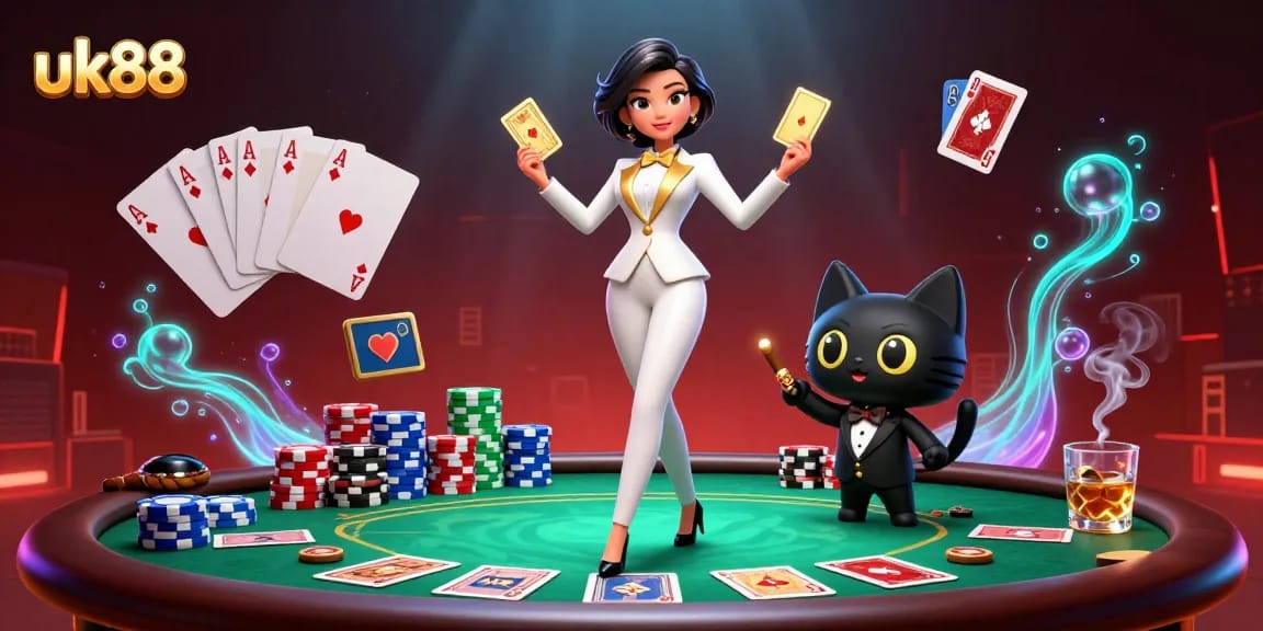 Experience thrilling gaming action at uk88 with a glamorous dealer and stunning poker scene.