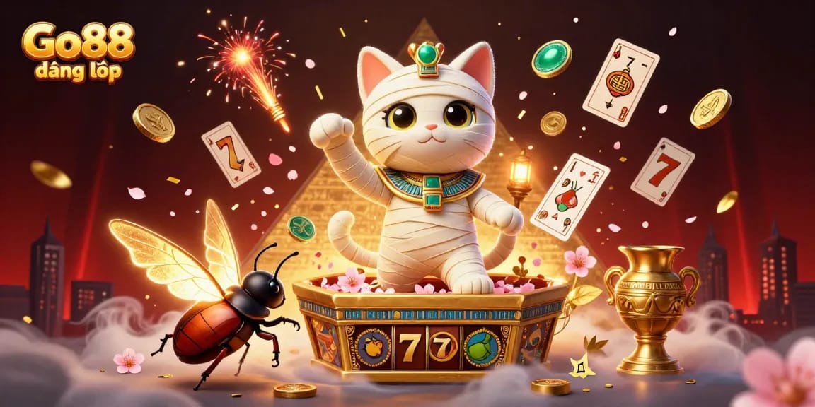 Play the exciting Go88 đăng nhập casino games featuring a mummy cat and vibrant slot symbols.