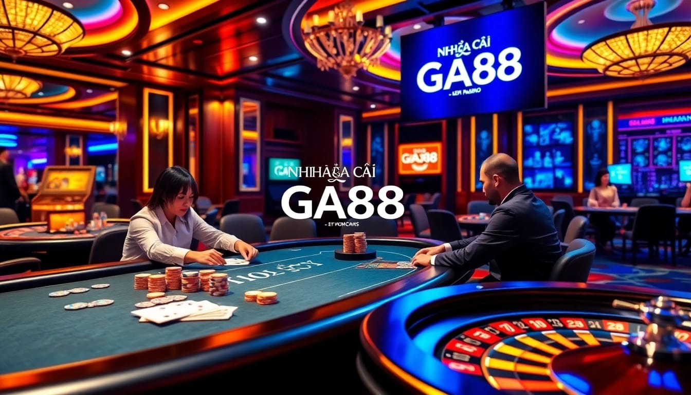 House dealer engaging players at Nhà Cái GA88's luxurious poker table with vibrant chips and cards.