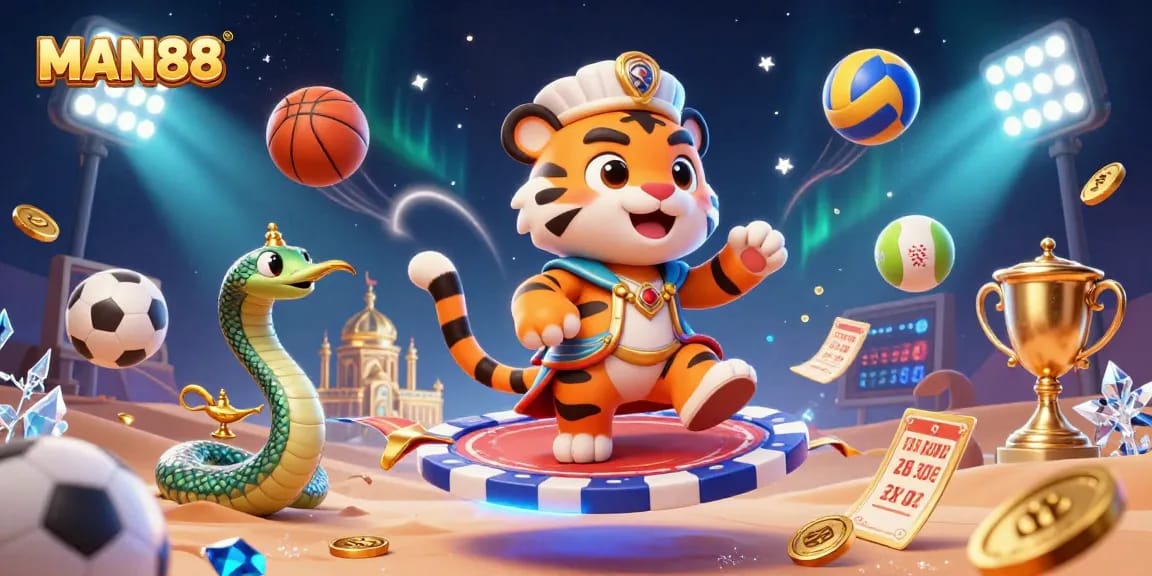 Engage with MAN88's world of gambling through this vibrant 3D casino illustration featuring dynamic sports elements.