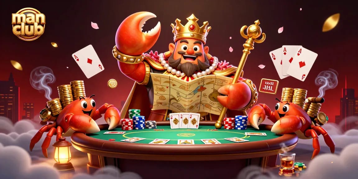 Catching thrills at the man club with a golden crab emperor surrounded by poker elements and treasures.