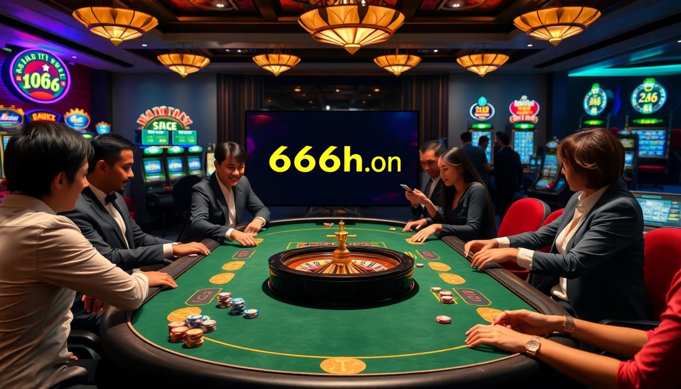 Excited players at a casino table enjoying games and showcasing the S666hn.com online interface.