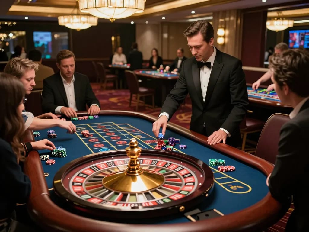 Players engaging in lively roulette action at Five88 casino, featuring dynamic dealer and colorful chips.