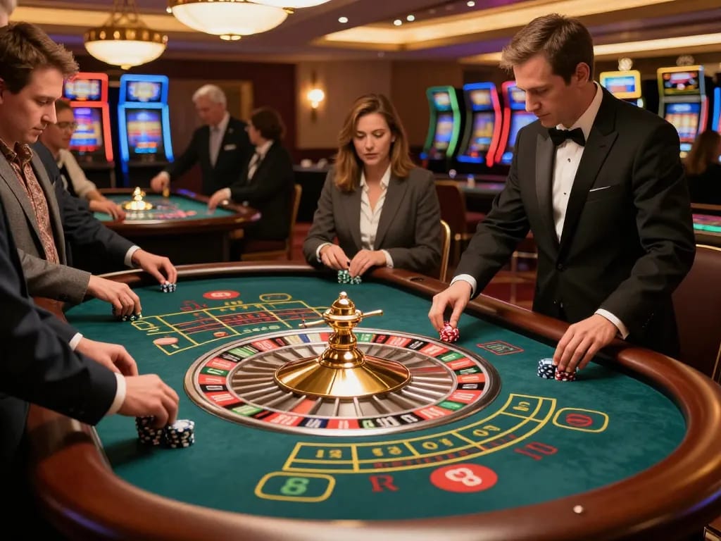 Experience thrilling gameplay at DA88's luxury roulette table with players placing bets.