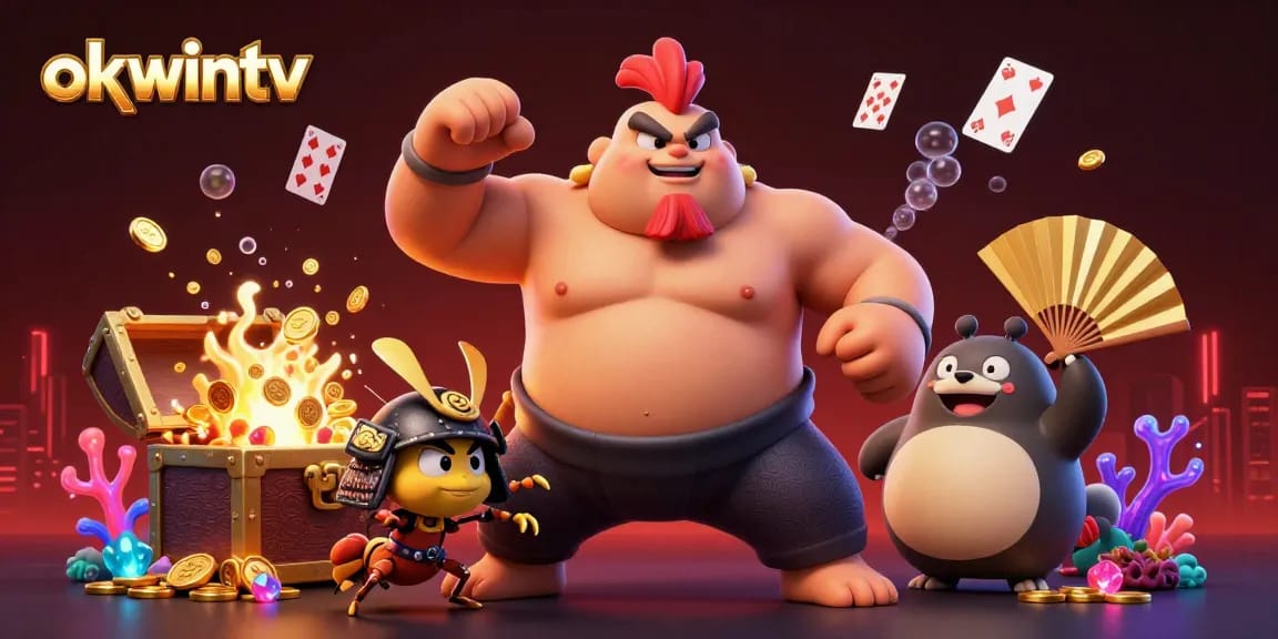 Experience the excitement of okwintv with a vibrant scene featuring a sumo wrestler rooster, samurai cricket, and dynamic game elements.