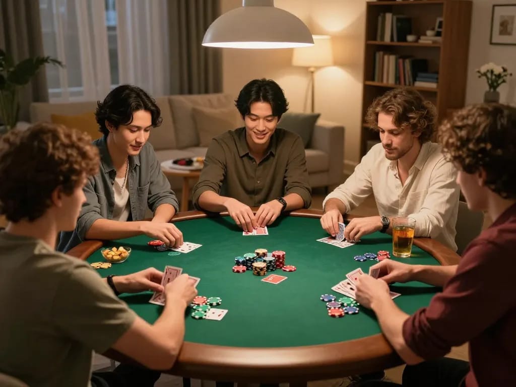 Players enjoy poker at home during a SKY88 game night, showcasing social interaction and strategy.