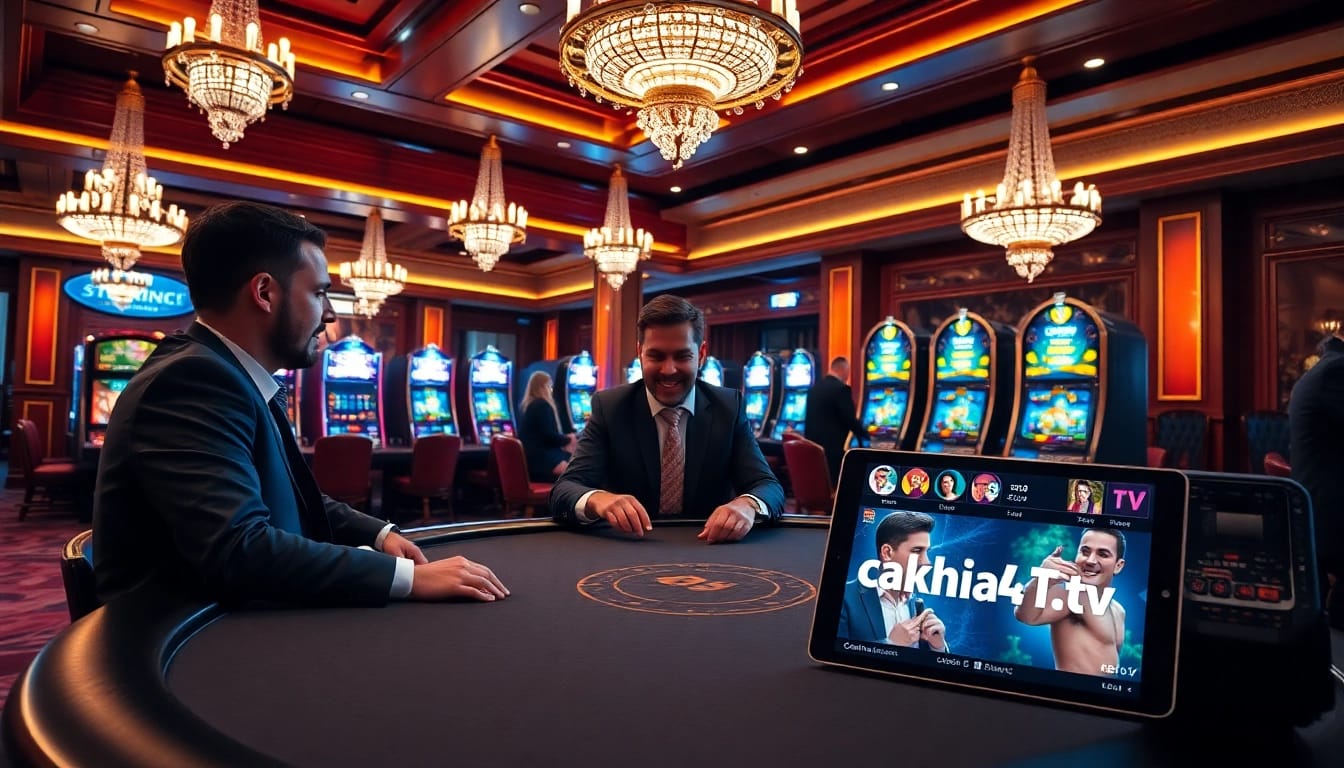 Cakhia04.tv players strategizing at a high-stakes poker table in a vibrant casino environment.