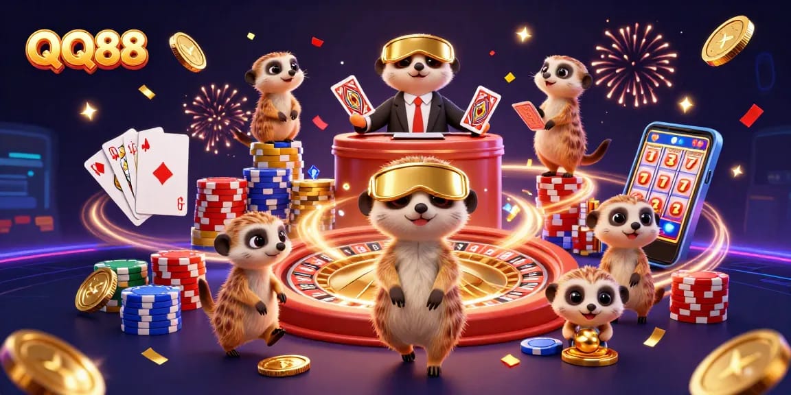 ExperienceQQ88's vibrant casino world with a dynamic scene of meerkats showcasing thrilling games and celebratory elements.