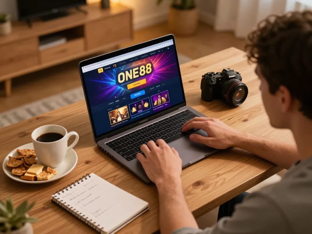 Player engaging with ONE88 online casino at home, showcasing vibrant graphics and strategic setup.
