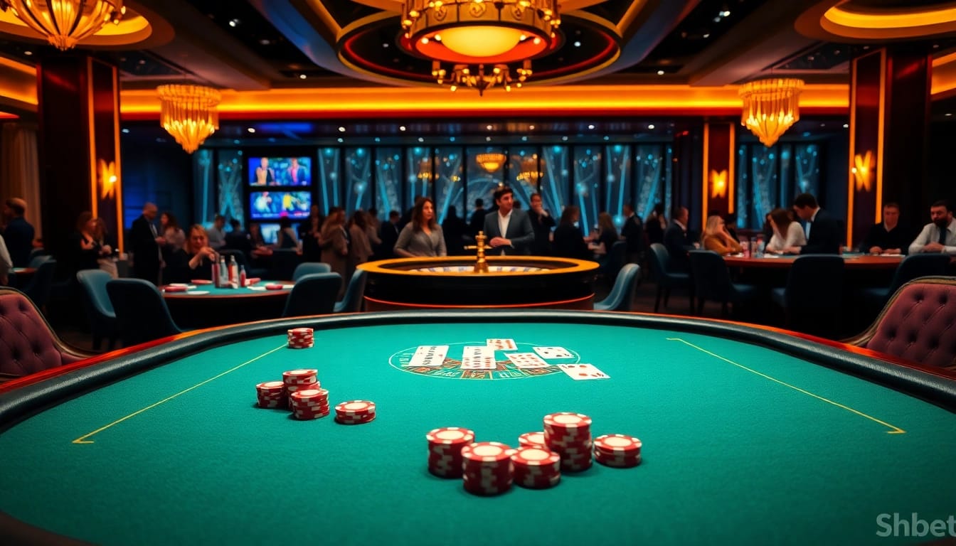 Shbet enthusiasts engaging in an exciting game at a luxurious casino table.