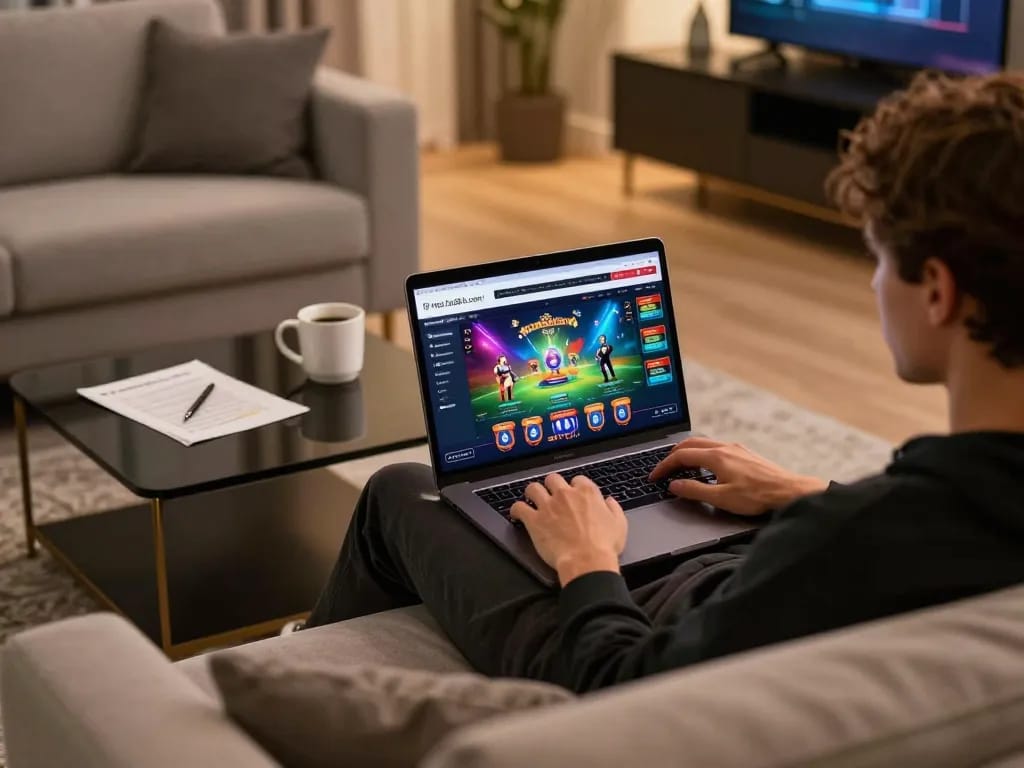 Engaged player at home accessing https://lc88.it.com/ for online gambling, showcasing a relaxed gaming atmosphere and strategic planning.