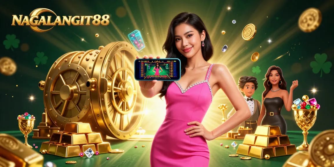 Play exciting live dealer games on NAGALANGIT88 with a stunning, confident woman showcasing modern casino technology.