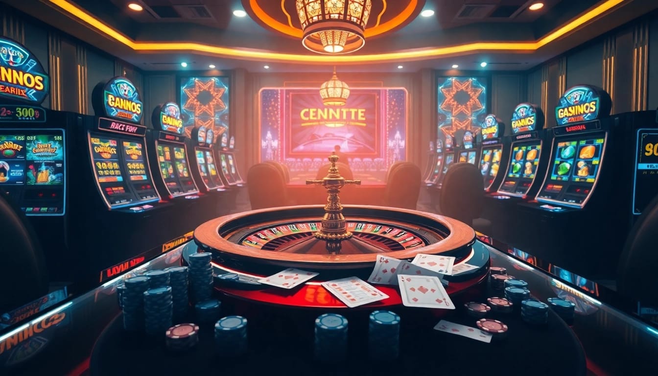 High-stakes scene at a casino, featuring roulette and slots from https://topnohu.one/ with vibrant colors and excitement.
