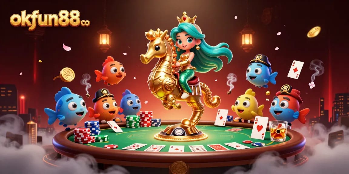 Engage with okfun88 co's thrilling casino adventures alongside a 3D mermaid queen and vibrant characters.