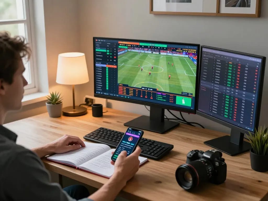 Sbo top user engaging in online sports betting with mobile app and multiple screens.
