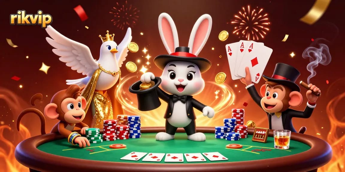 Engage with rikvip’s thrilling game experience featuring a magician and vibrant casino elements.
