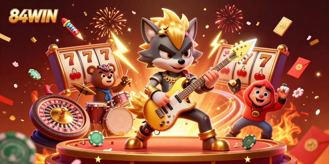 Experience winning excitement at 84WIN with vibrant 3D casino illustration featuring engaging characters and game elements.