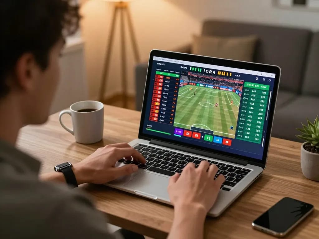 Experience thrilling online sports betting with ok365 on a laptop in a cozy home setting.
