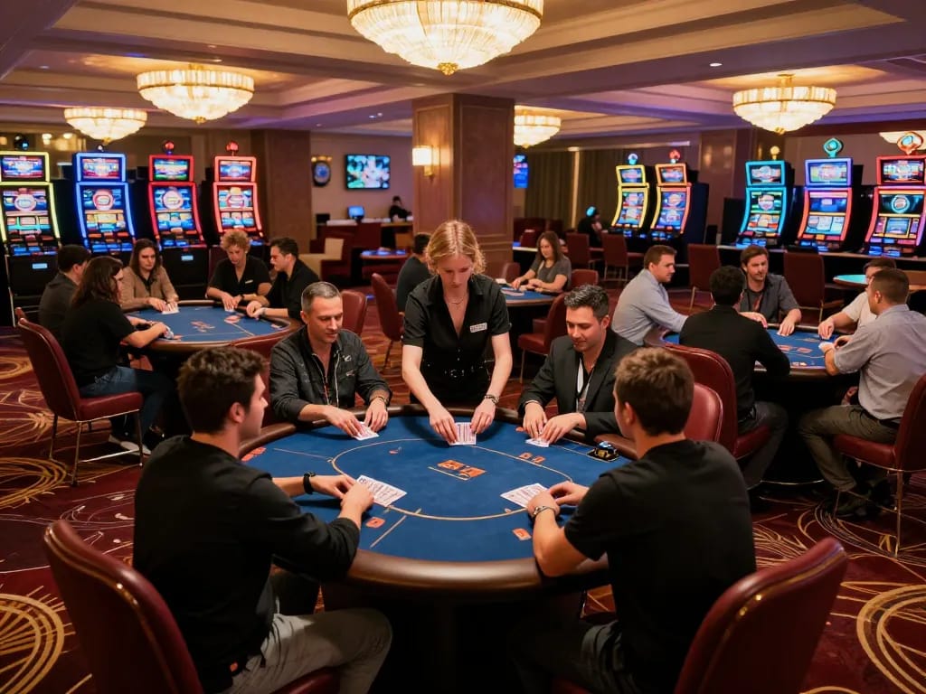 Engaged players at dn88.com poker table celebrating wins in an upscale casino.