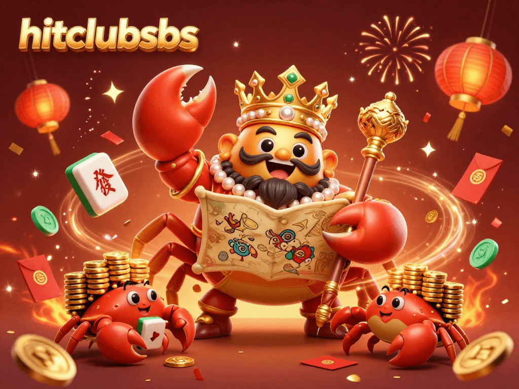 Engage with hitclubsbs through a vibrant 3D casino scene featuring a golden crab emperor with treasure maps and fun gaming elements.