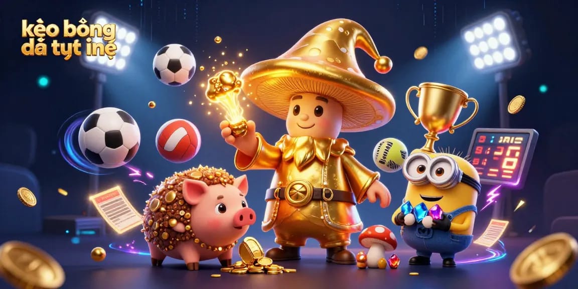 Engage with kèo bóng đá trực tuyến in this rich 3D sports betting illustration filled with dynamic gaming elements.