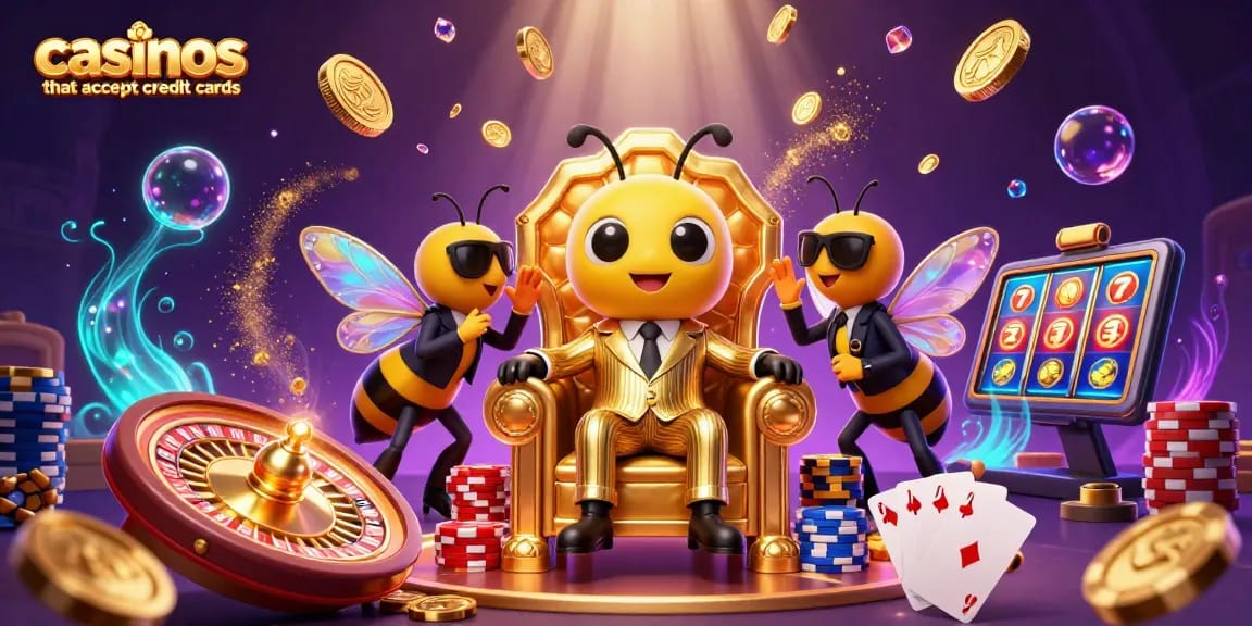 Experience casinos that accept credit cards with 3D cartoon characters in a dynamic casino scene.