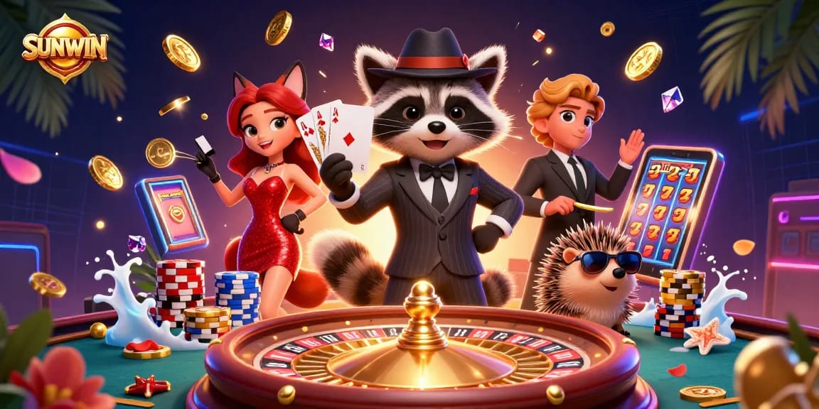 SUNWIN captivates with a suave raccoon and charming fox amidst a vibrant casino scene.