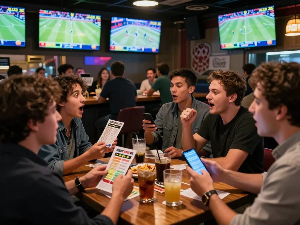 Engaged sports betting enthusiasts analyzing tỷ lệ kèo nhà cái hôm nay in lively sports bar setting.