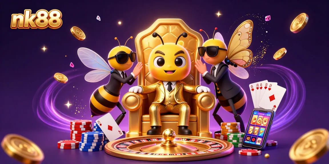 Win big at nk88 with a vibrant, energetic scene showcasing a cartoon bumblebee mob boss amidst golden casino elements.