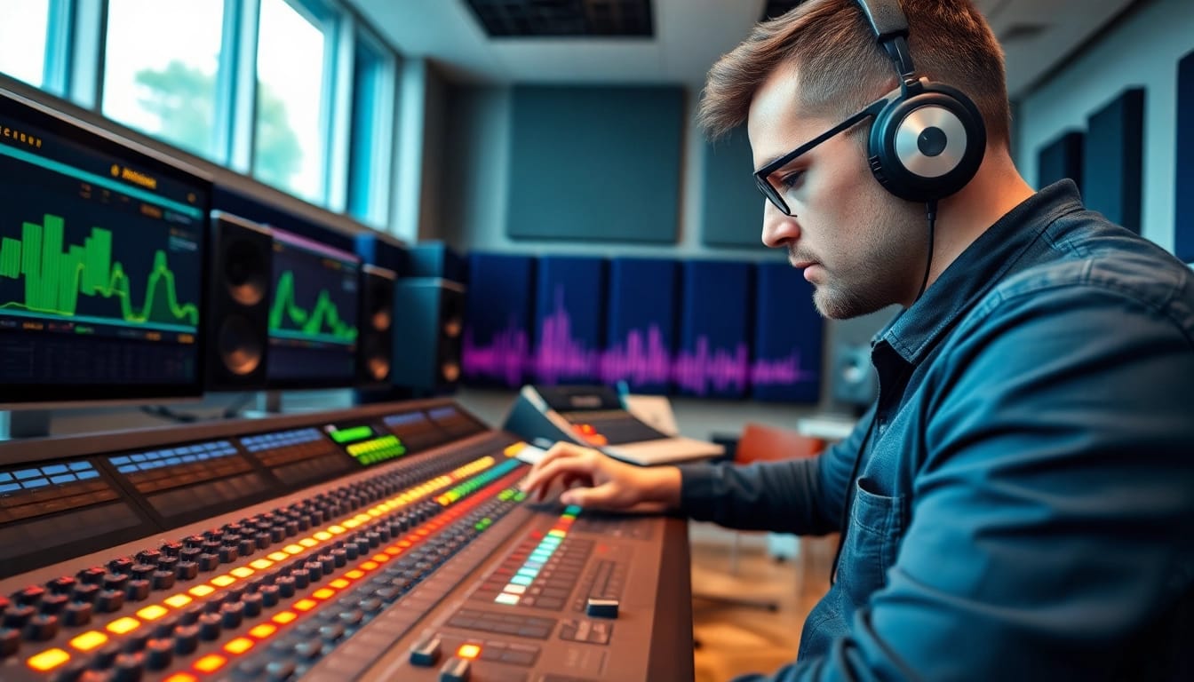 Audio engineer mastering tracks online in a modern studio setting with soundwave visuals.