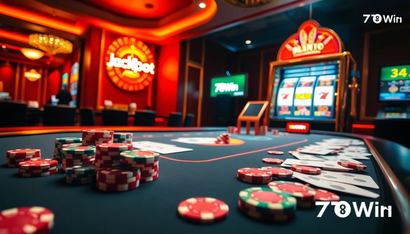 Action-packed casino moment at 78Win with vibrant chips, cards, and slot machines.