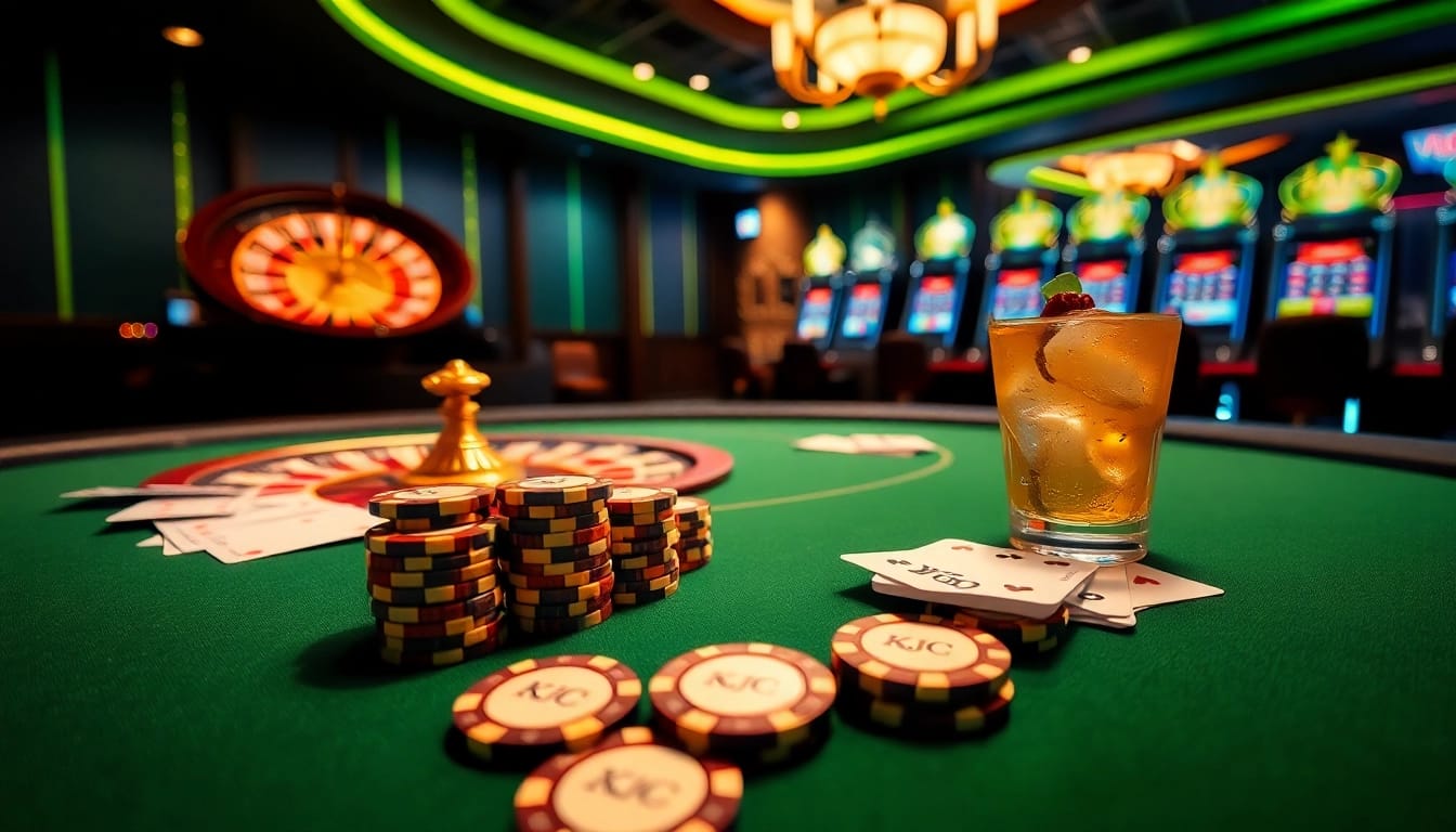 KJC chips and cards showcased at a luxury poker table in a vibrant casino setting.