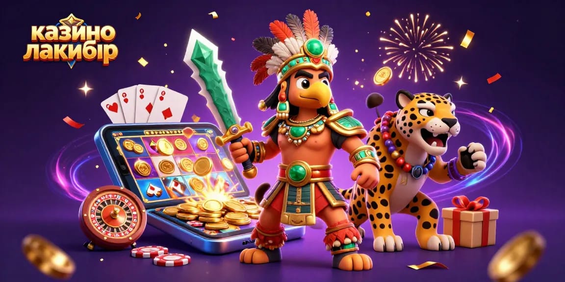 Spin the reels at казино лакибир with an exciting scene of an Aztec warrior and casino elements.