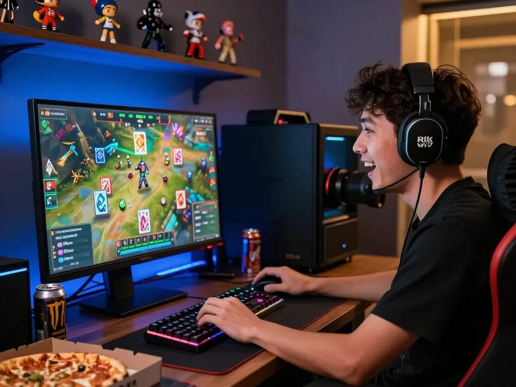 Excited player immersed in online rik vip gaming, vibrant graphics and gaming accessories creating an engaging atmosphere.