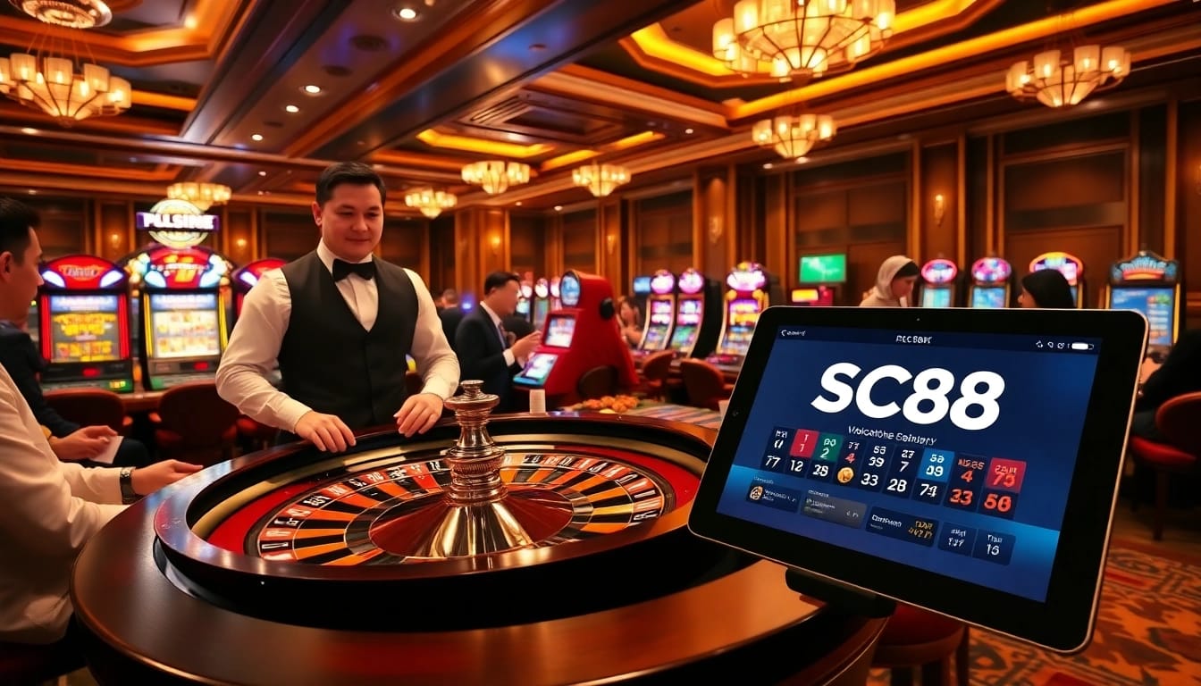 Engage with SC88 at a luxurious casino setting featuring roulette and slot machines.